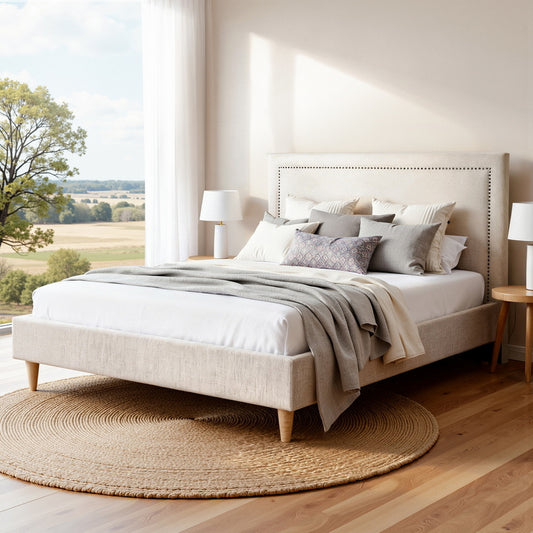 Artiss Queen Bed Frame Platform Bed Base Upholstered Headboard Linen Fabric Beige