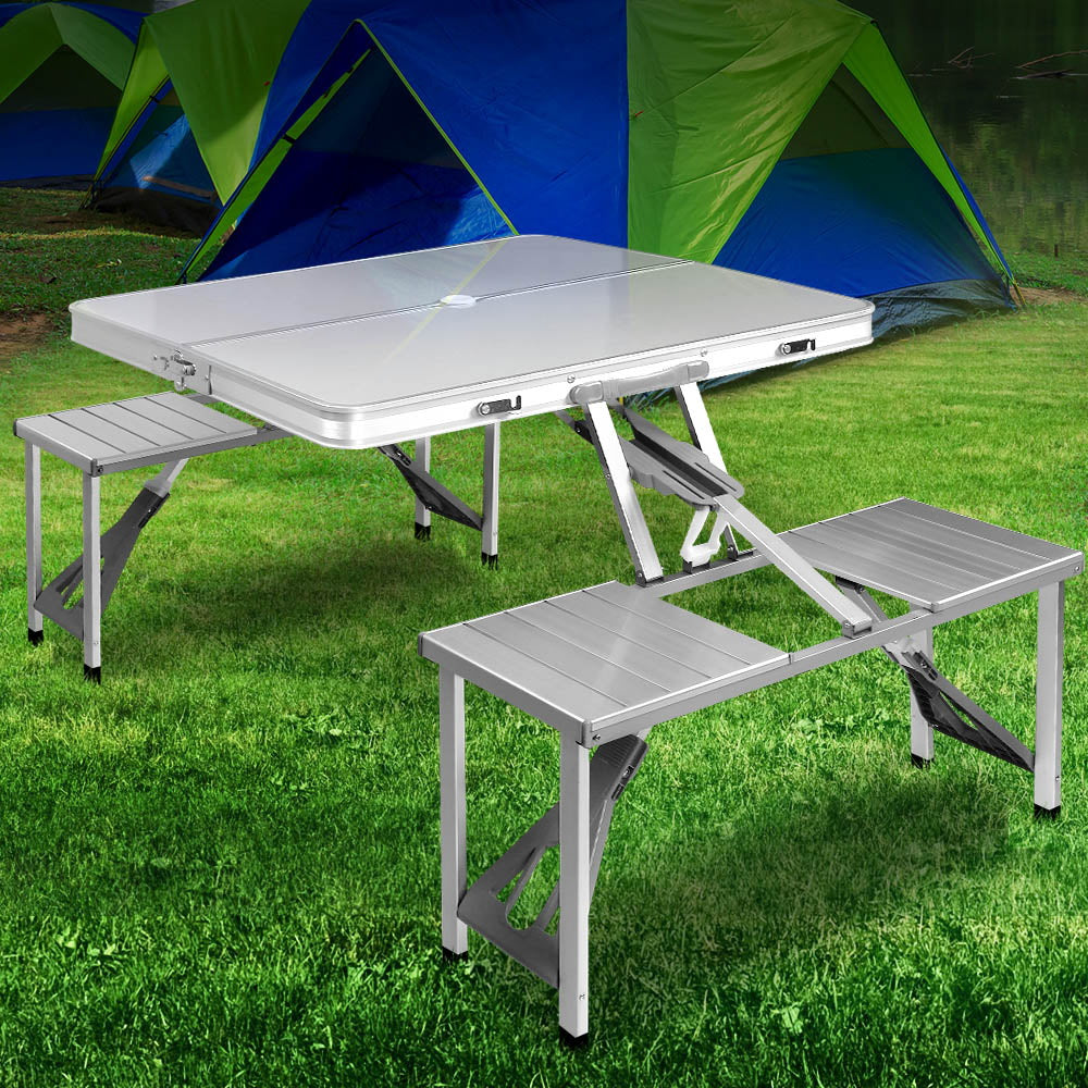 Marlook Folding Camping Table Outdoor Picnic BBQ With 2 Bench Chairs Set