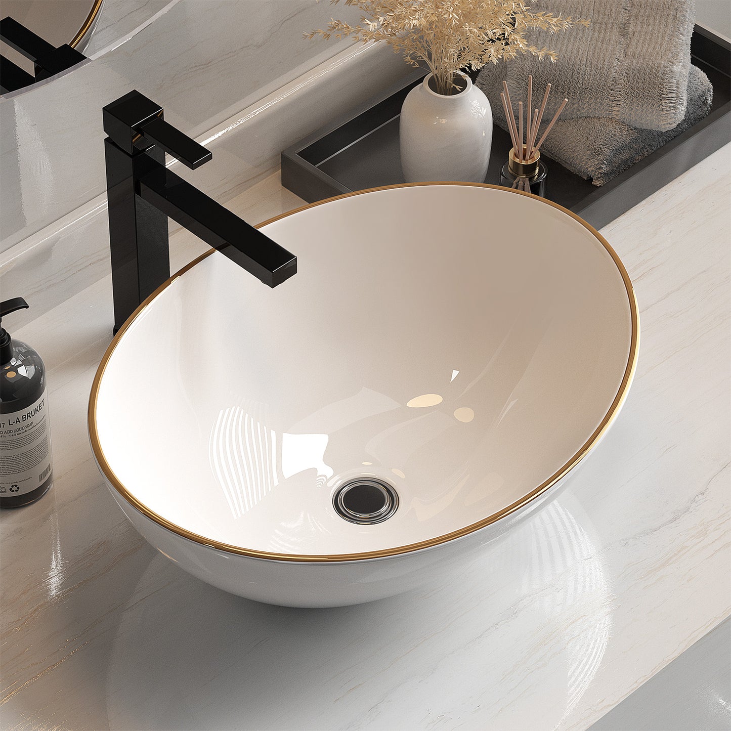 Marlook Bathroom Basin Ceramic Vanity Sink Hand Wash Bowl Gold Line 41x34cm