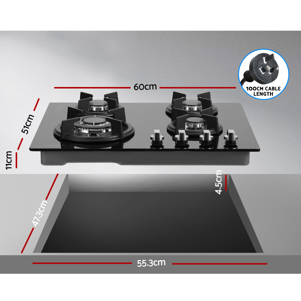 Marlook Gas Cooktop 60cm 4 Burner Black