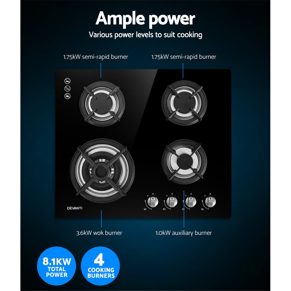 Marlook Gas Cooktop 60cm 4 Burner Black