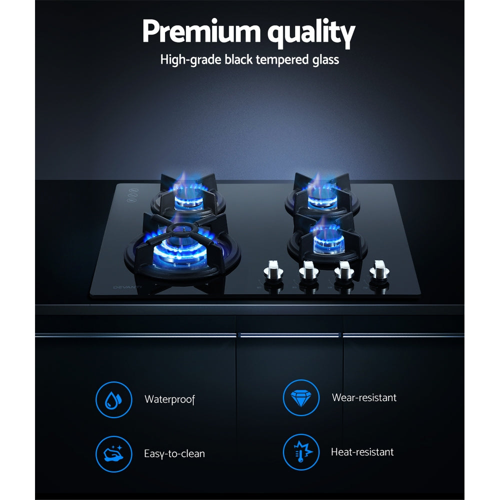 Marlook Gas Cooktop 60cm 4 Burner Black