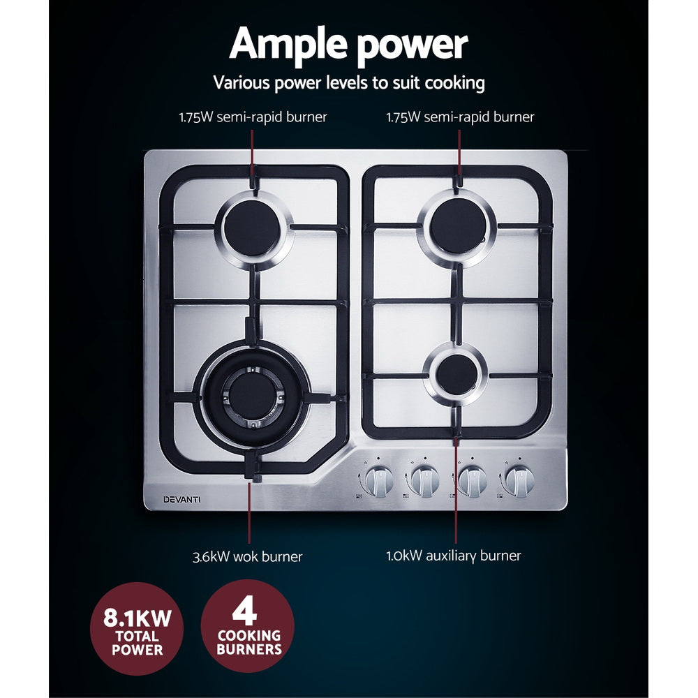 Marlook Gas Cooktop 60cm 4 Burner Silvir