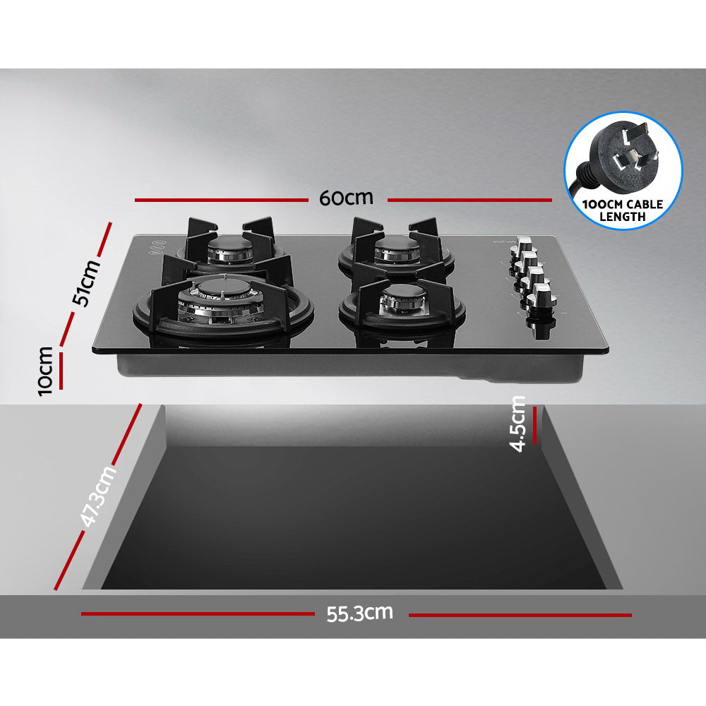 Marlook Gas Cooktop 60cm Stove Hob Black