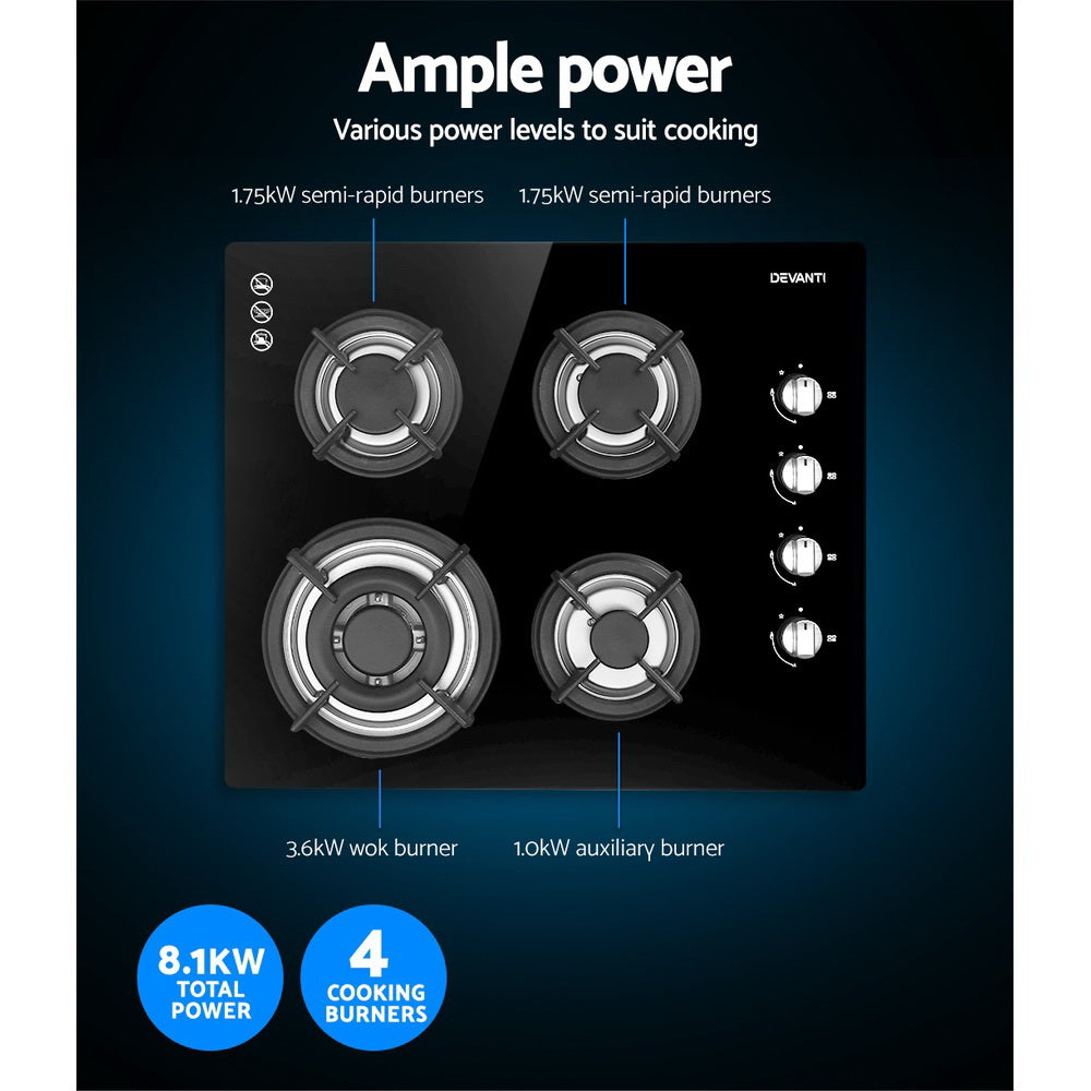 Marlook Gas Cooktop 60cm Stove Hob Black