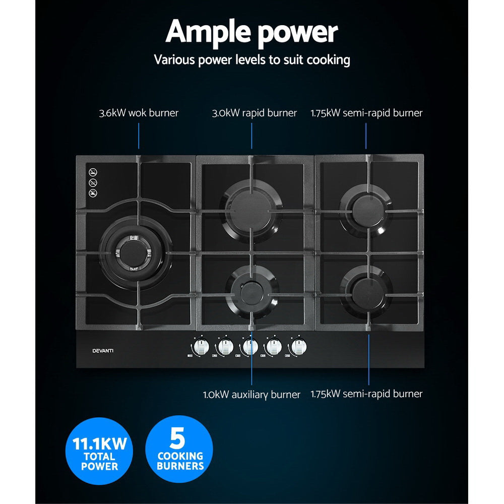 Marlook Gas Cooktop 90cm 5 Burner Black