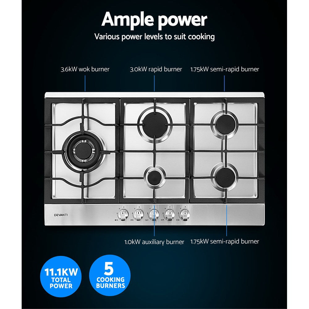 Marlook Gas Cooktop 90cm 5 Burner Silvir