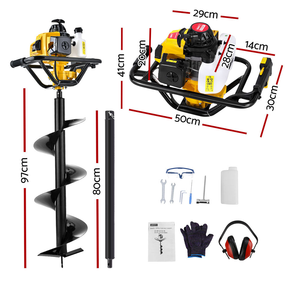 Marlook 82CC Post Hole Digger 300mm Petrol Drill Auger Extension Bits