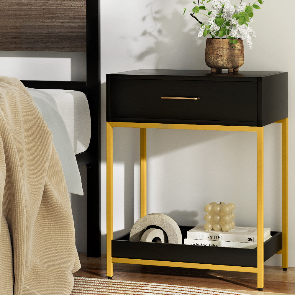Marlook Bedside Table Drawers Side Table Shelf Storage Nightstand Black MASON