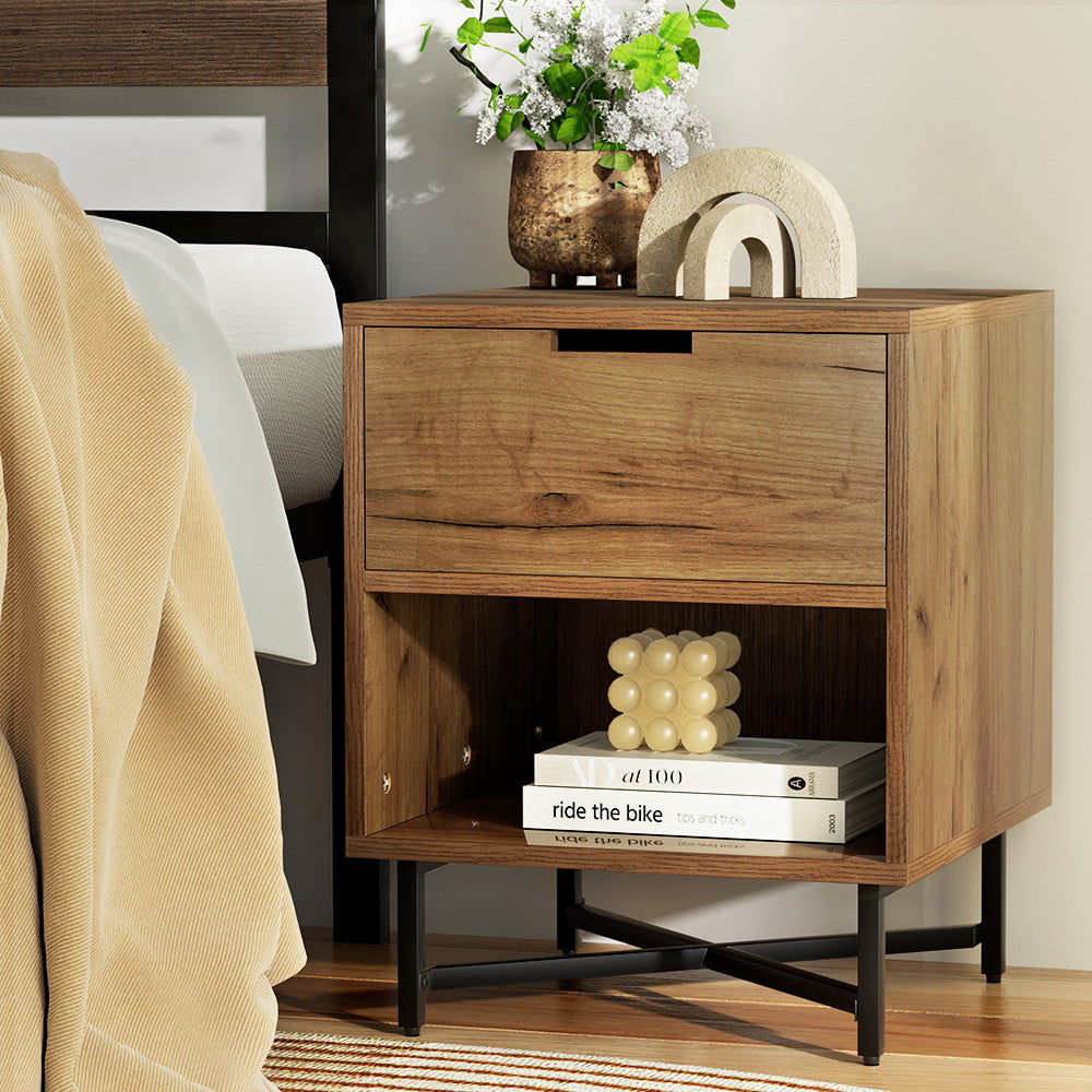 Marlook Bedside Table Drawers Side Table Shelf Storage Nightstand Rust Oak KRAVU