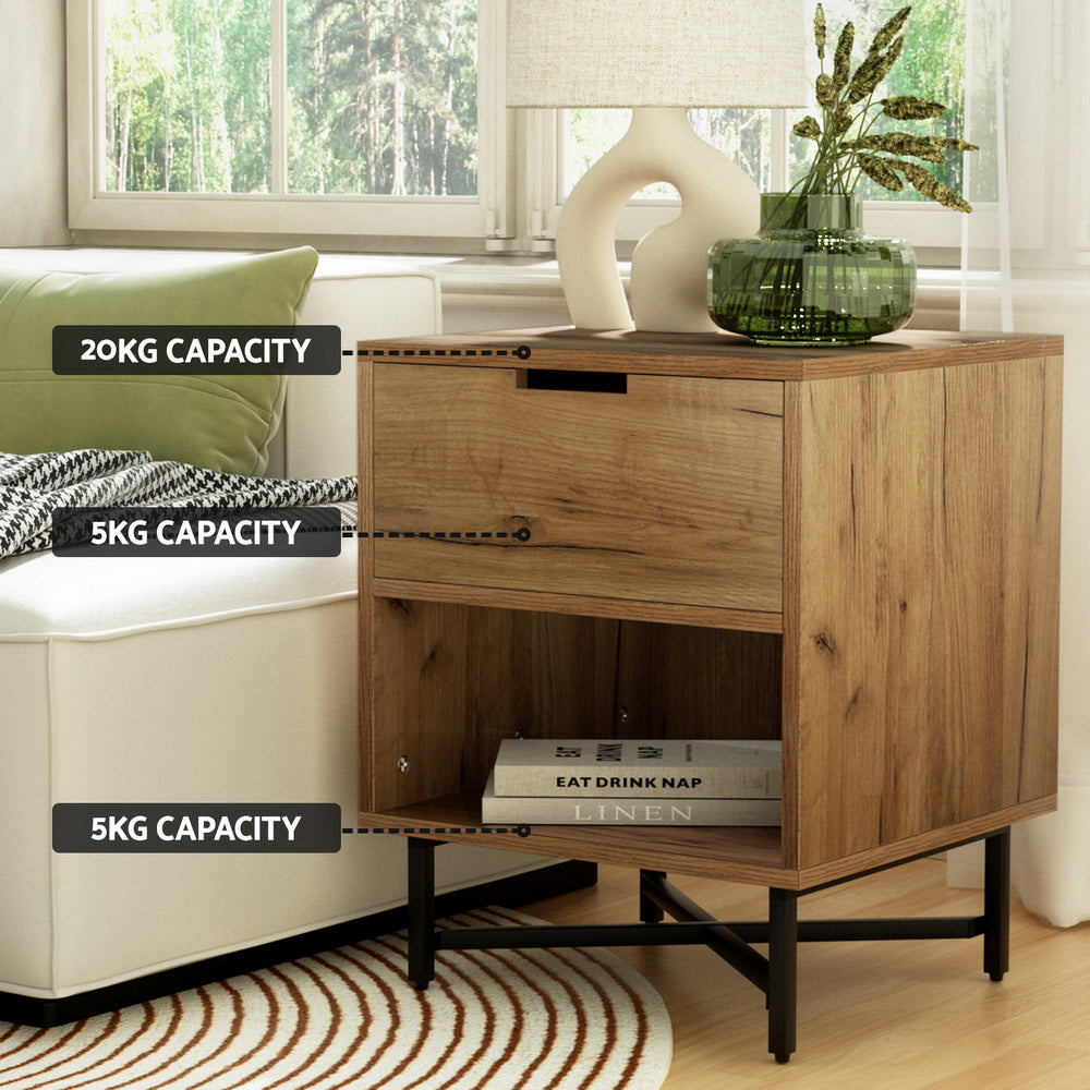 Marlook Bedside Table Drawers Side Table Shelf Storage Nightstand Rust Oak KRAVU