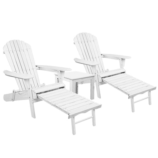 Marlook 3PC Adirondack Outdoor Table and Chairs Wooden Sun Lounge Beach Patio White