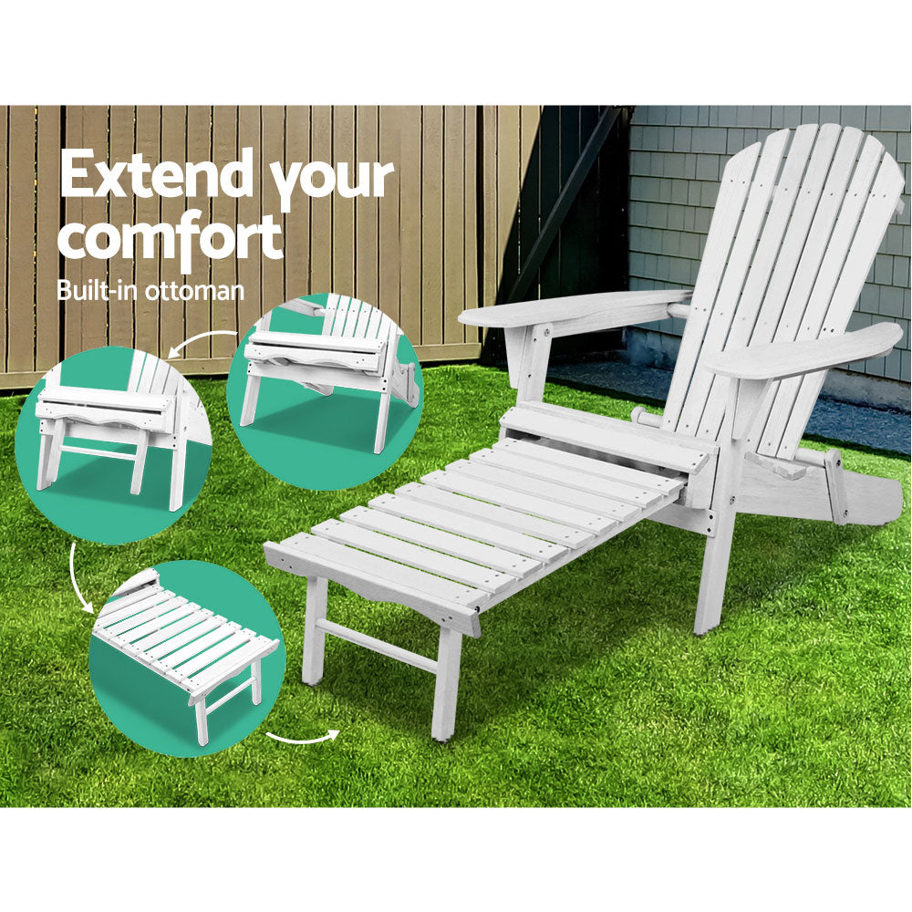 Marlook 3PC Adirondack Outdoor Table and Chairs Wooden Sun Lounge Beach Patio White