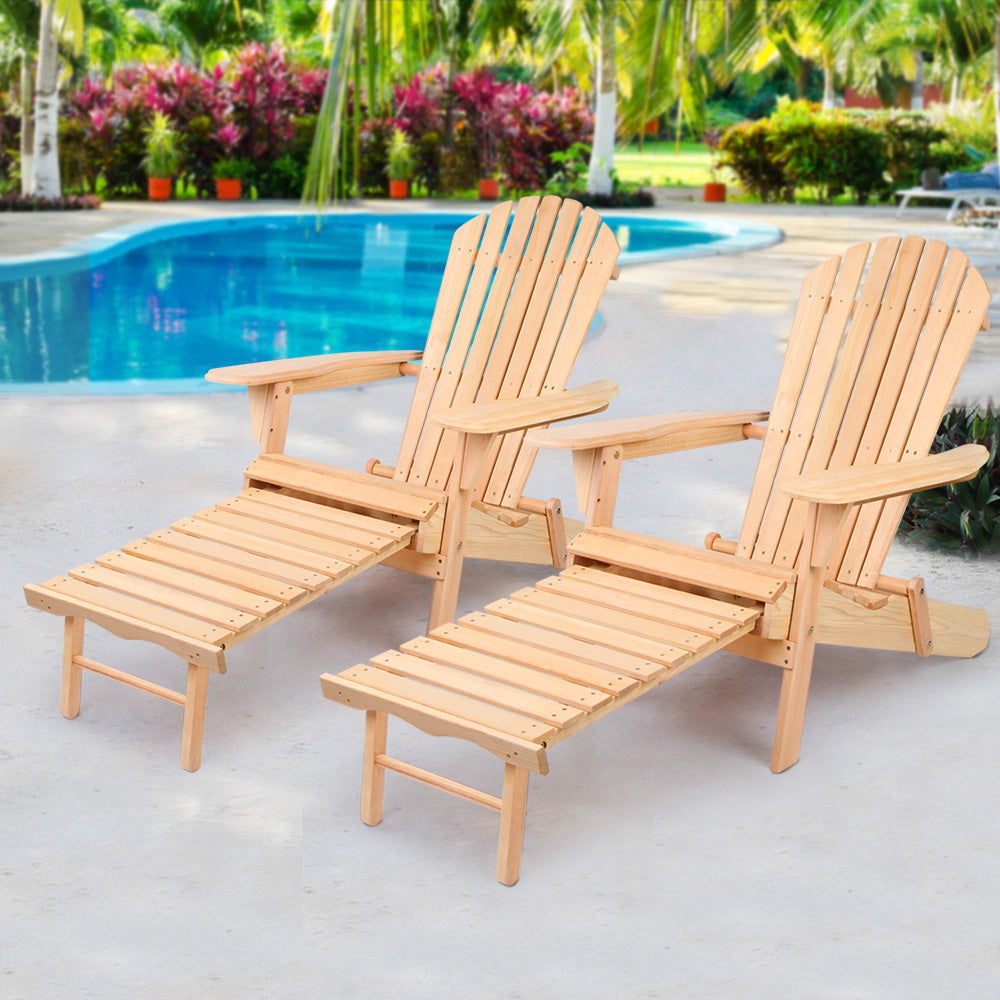 Marlook 2PC Adirondack Outdoor Chairs Wooden Sun Lounge Patio Furniture Garden Natural
