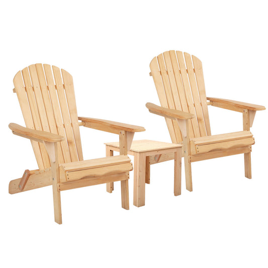 Marlook 3PC Adirondack Outdoor Table and Chairs Wooden Foldable Beach Chair Natural
