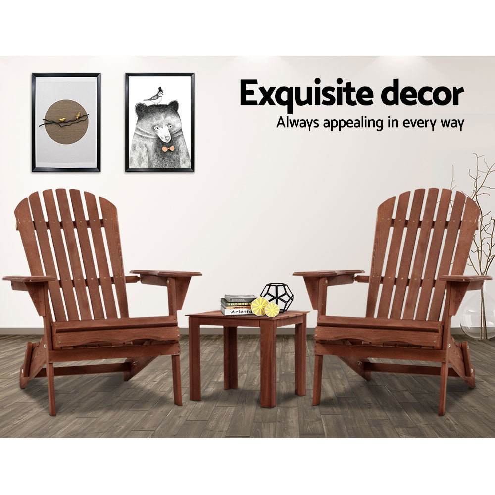 Marlook 3PC Adirondack Outdoor Table and Chairs Wooden Foldable Beach Chair Brown