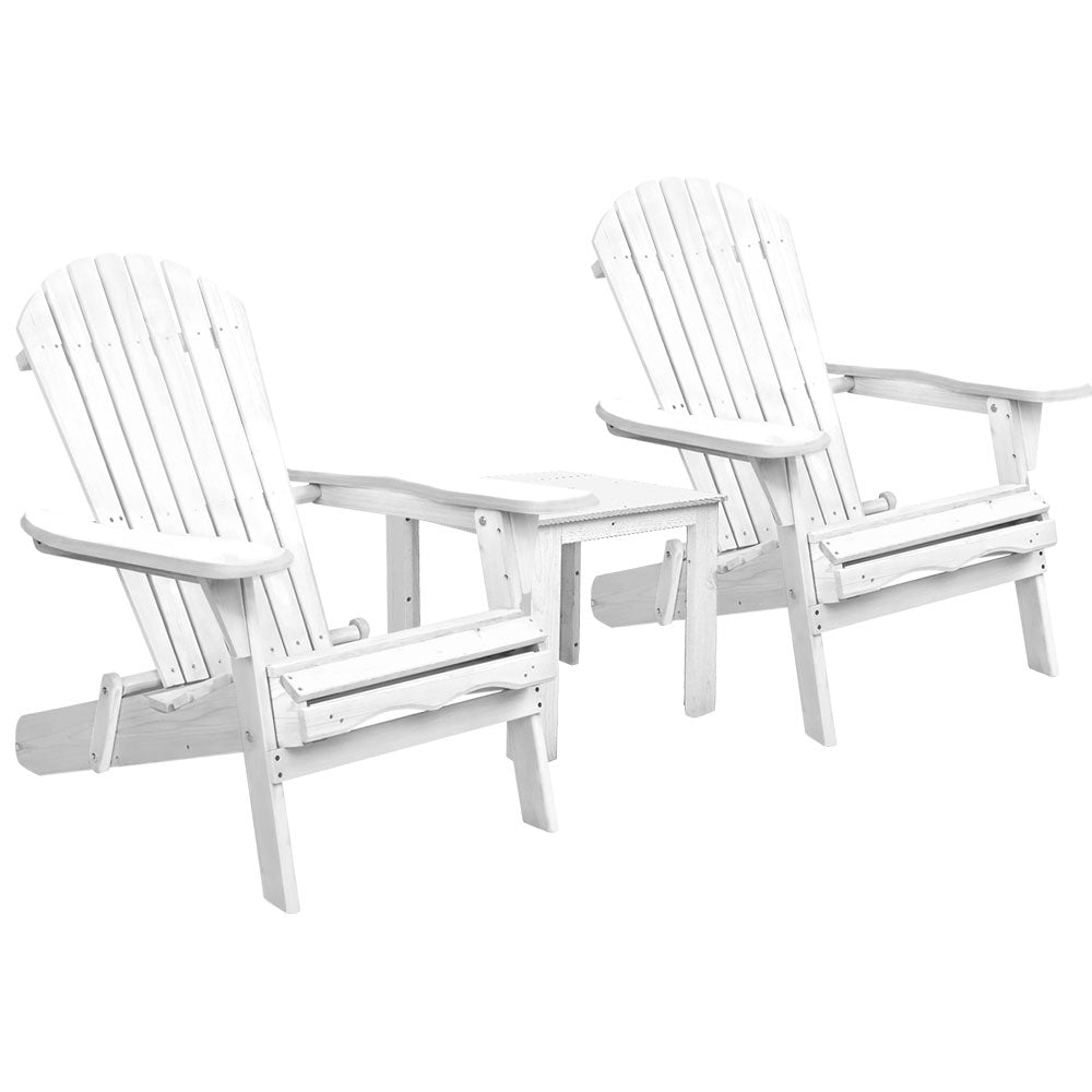Marlook 3PC Adirondack Outdoor Table and Chairs Wooden Foldable Beach Chair White