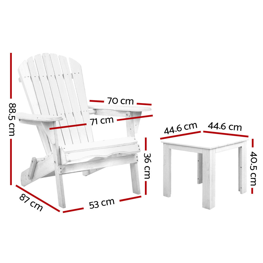 Marlook 3PC Adirondack Outdoor Table and Chairs Wooden Foldable Beach Chair White