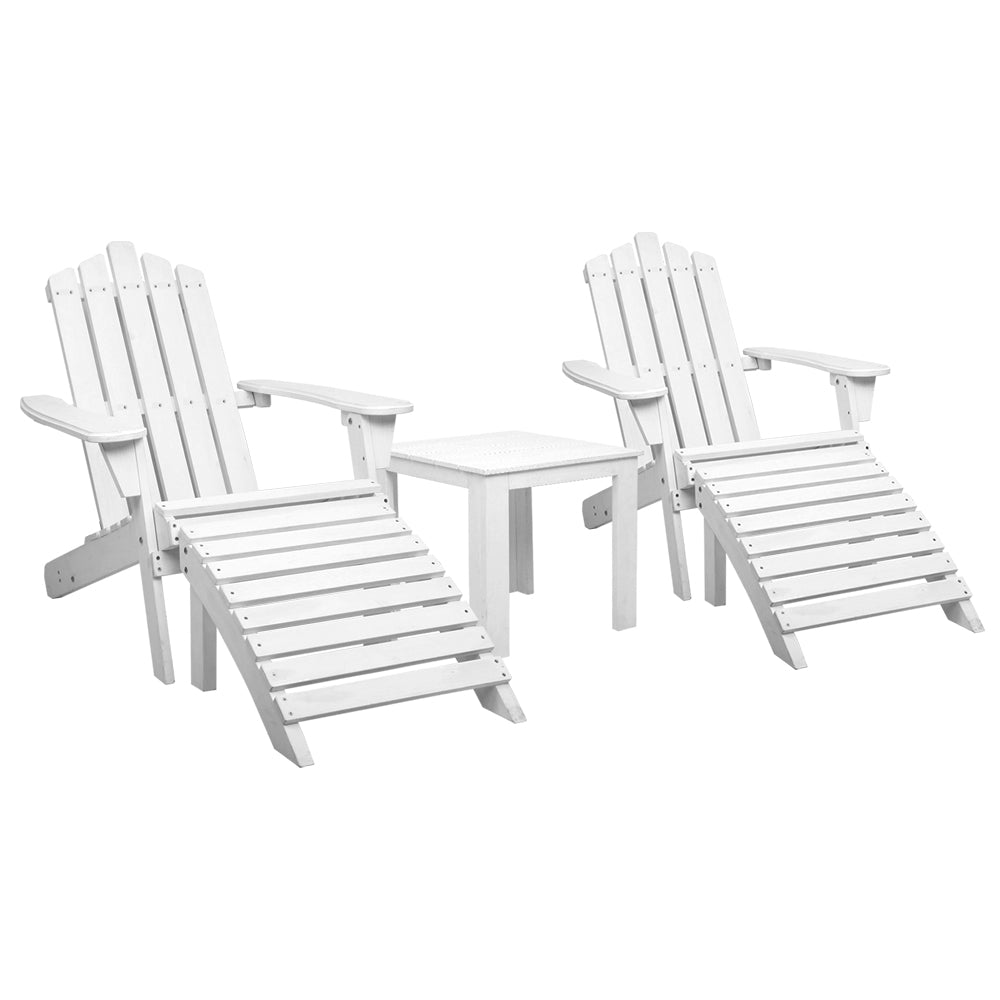 Marlook 5PC Adirondack Outdoor Table and Chairs Wooden Sun Lounge Patio Furniture White