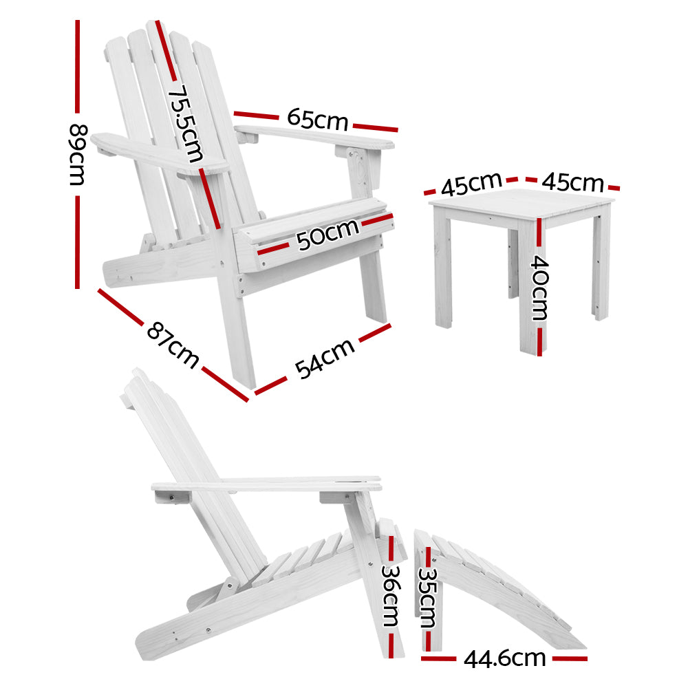 Marlook 5PC Adirondack Outdoor Table and Chairs Wooden Sun Lounge Patio Furniture White