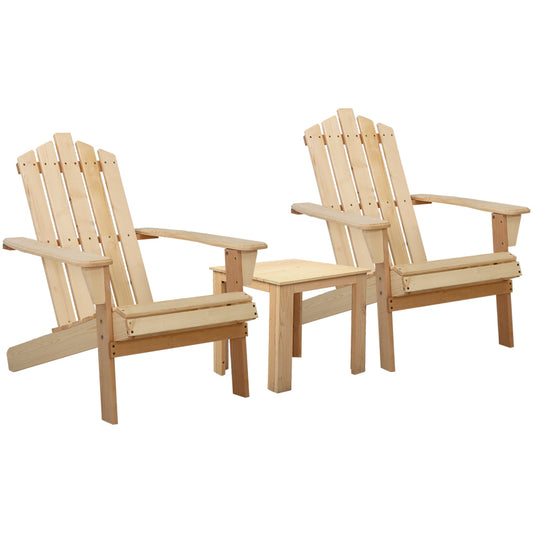Marlook 3PC Adirondack Outdoor Table and Chairs Wooden Beach Chair Natural