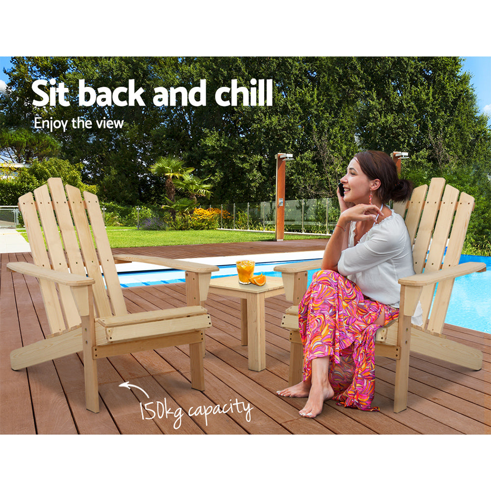 Marlook 3PC Adirondack Outdoor Table and Chairs Wooden Beach Chair Natural