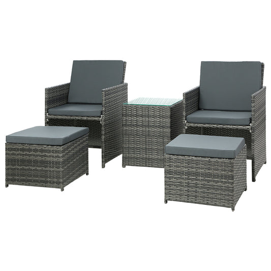 Marlook 5PC Bistro Set Wicker Table and Chairs Ottoman Outdoor Furniture Grey