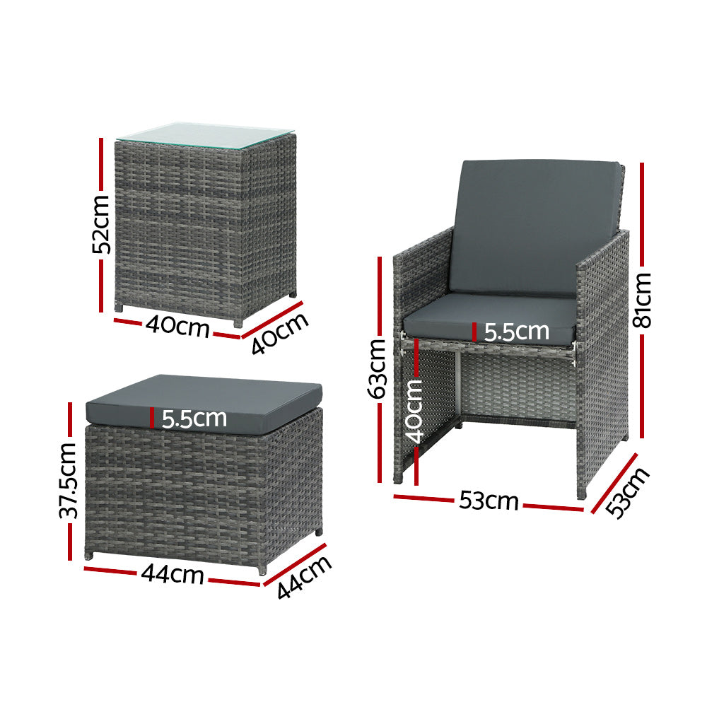 Marlook 5PC Bistro Set Wicker Table and Chairs Ottoman Outdoor Furniture Grey