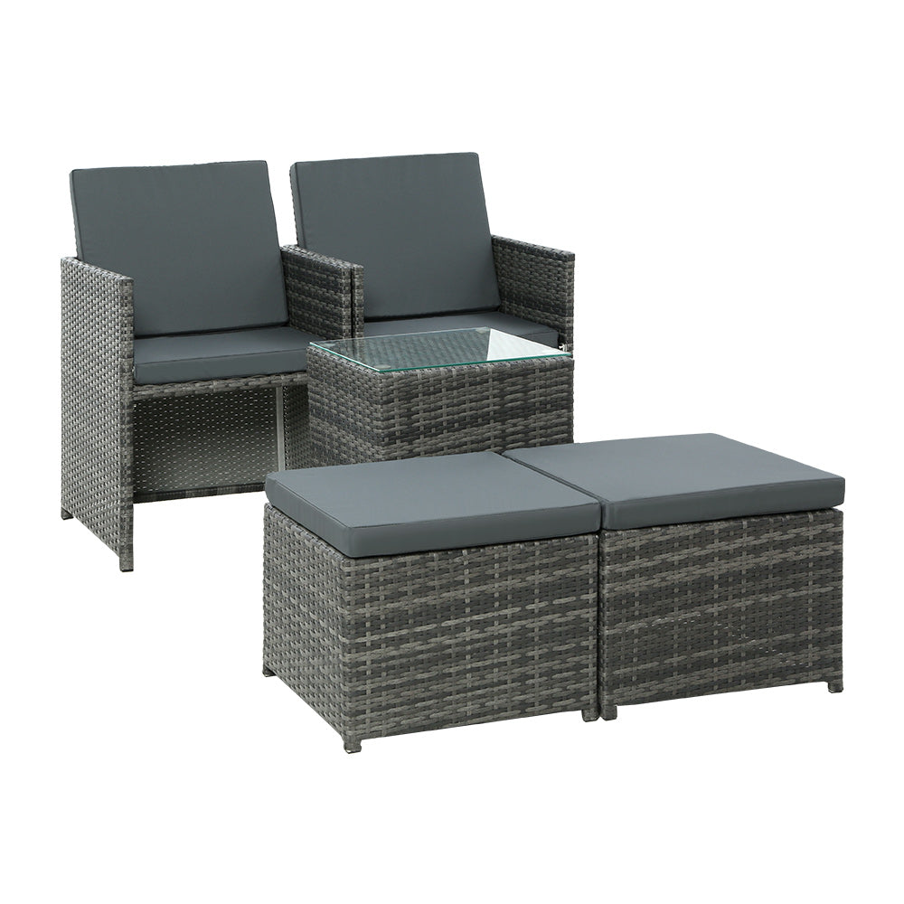 Marlook 5PC Bistro Set Wicker Table and Chairs Ottoman Outdoor Furniture Grey