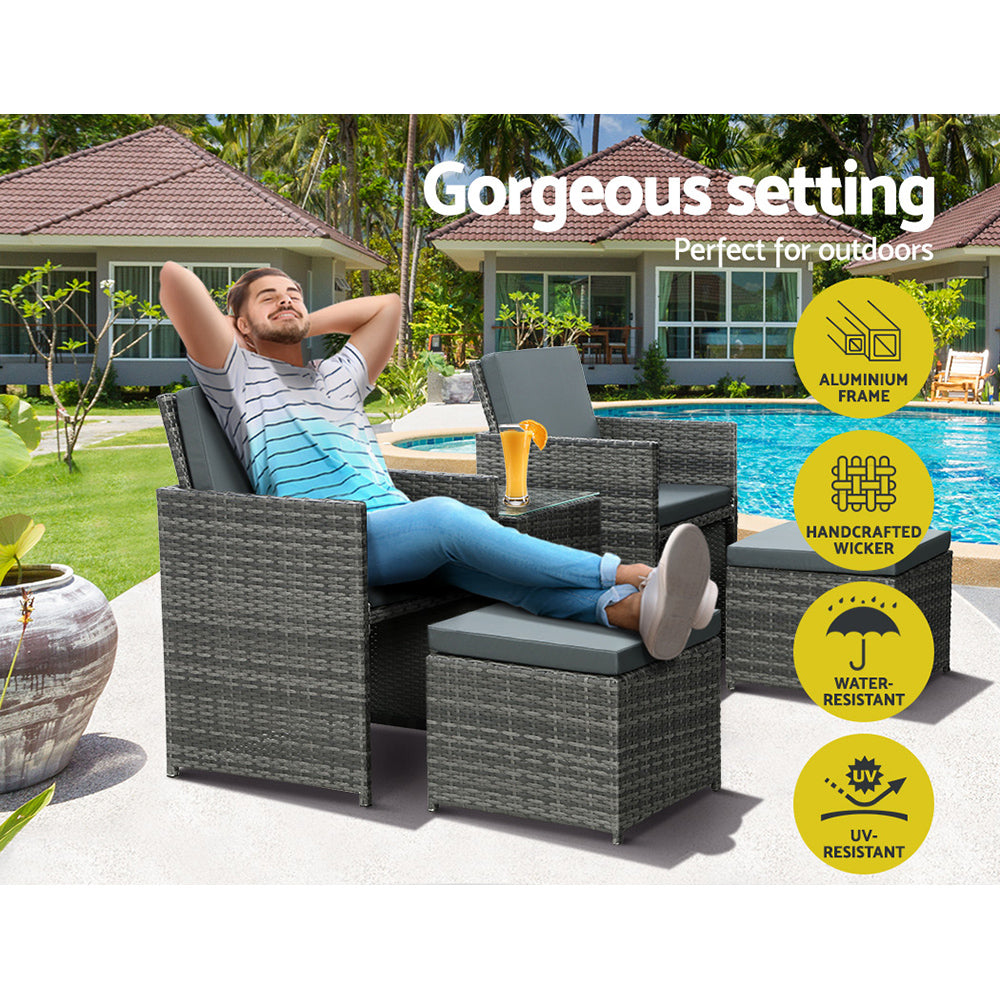 Marlook 5PC Bistro Set Wicker Table and Chairs Ottoman Outdoor Furniture Grey