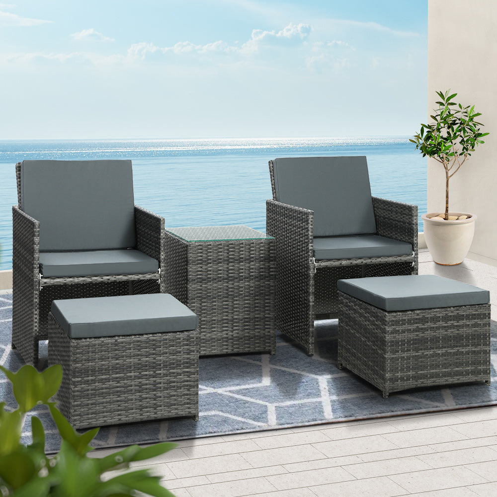 Marlook 5PC Bistro Set Wicker Table and Chairs Ottoman Outdoor Furniture Grey