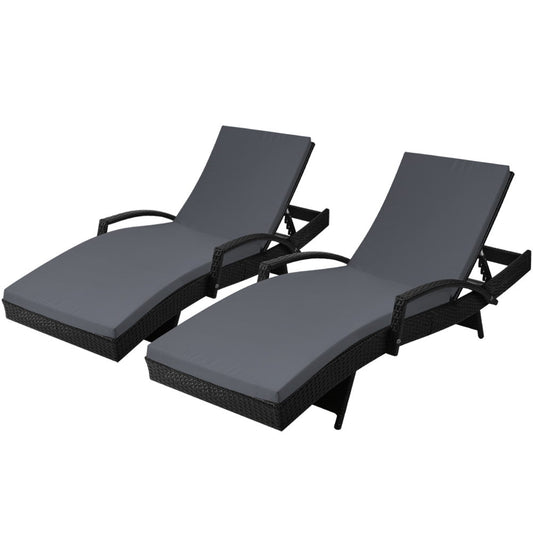 Marlook 2PC Sun Lounge Wicker Lounger Outdoor Furniture Beach Chair Patio Adjustable Cushion Black