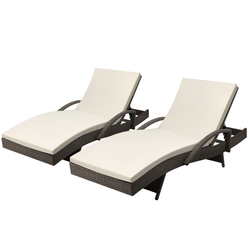 Marlook 2PC Sun Lounge Wicker Lounger Outdoor Furniture Beach Chair Adjustable Cushion Grey&Beige