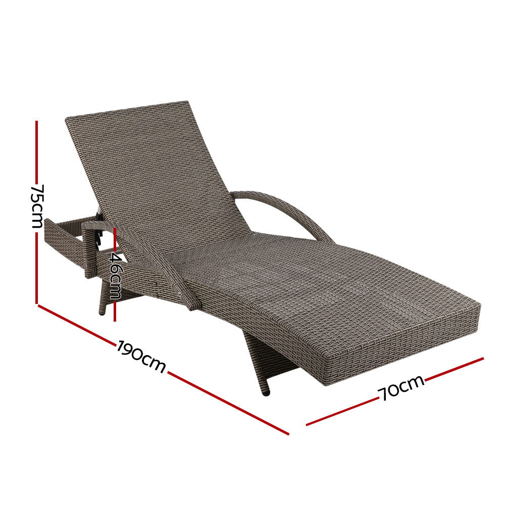 Marlook 2PC Sun Lounge Wicker Lounger Outdoor Furniture Beach Chair Adjustable Cushion Grey&Beige