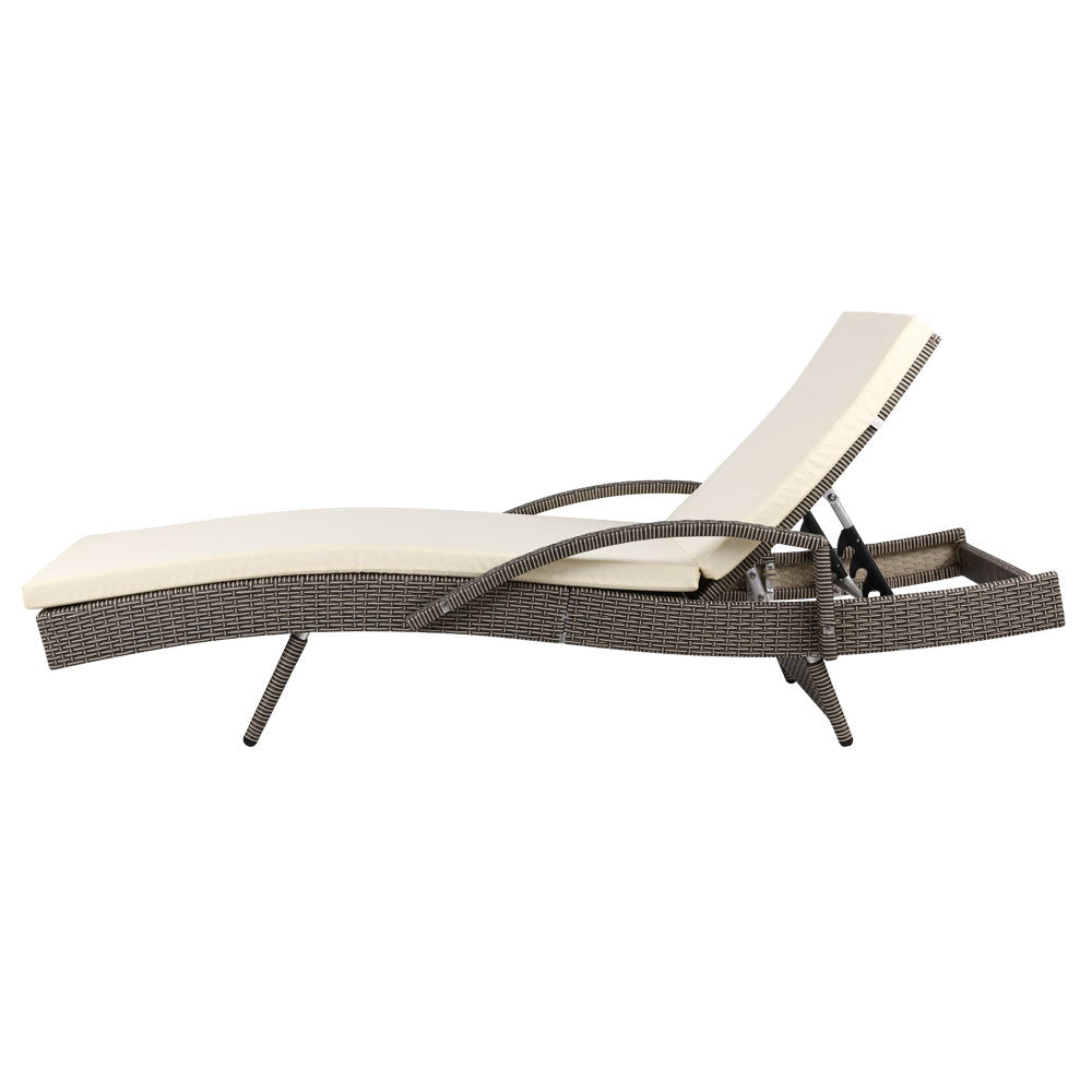 Marlook 2PC Sun Lounge Wicker Lounger Outdoor Furniture Beach Chair Adjustable Cushion Grey&Beige