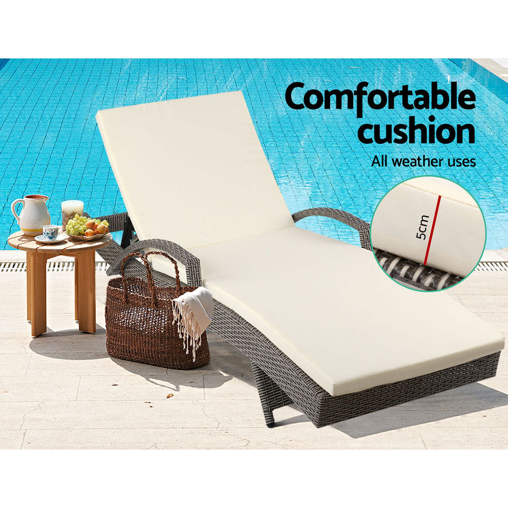 Marlook 2PC Sun Lounge Wicker Lounger Outdoor Furniture Beach Chair Adjustable Cushion Grey&Beige