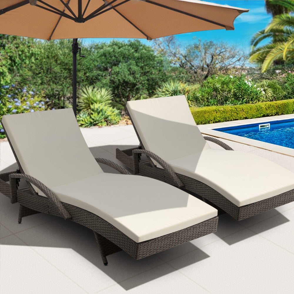 Marlook 2PC Sun Lounge Wicker Lounger Outdoor Furniture Beach Chair Adjustable Cushion Grey&Beige