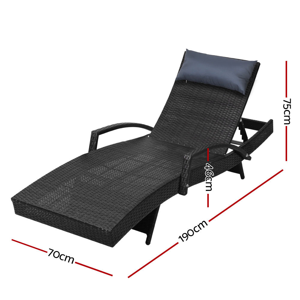 Marlook Sun Lounge Wicker Lounger Outdoor Furniture Beach Chair Armrest Adjustable Black