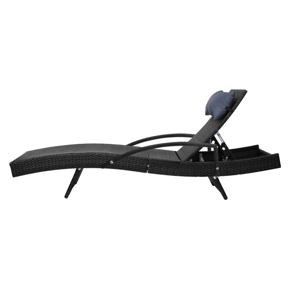 Marlook Sun Lounge Wicker Lounger Outdoor Furniture Beach Chair Armrest Adjustable Black