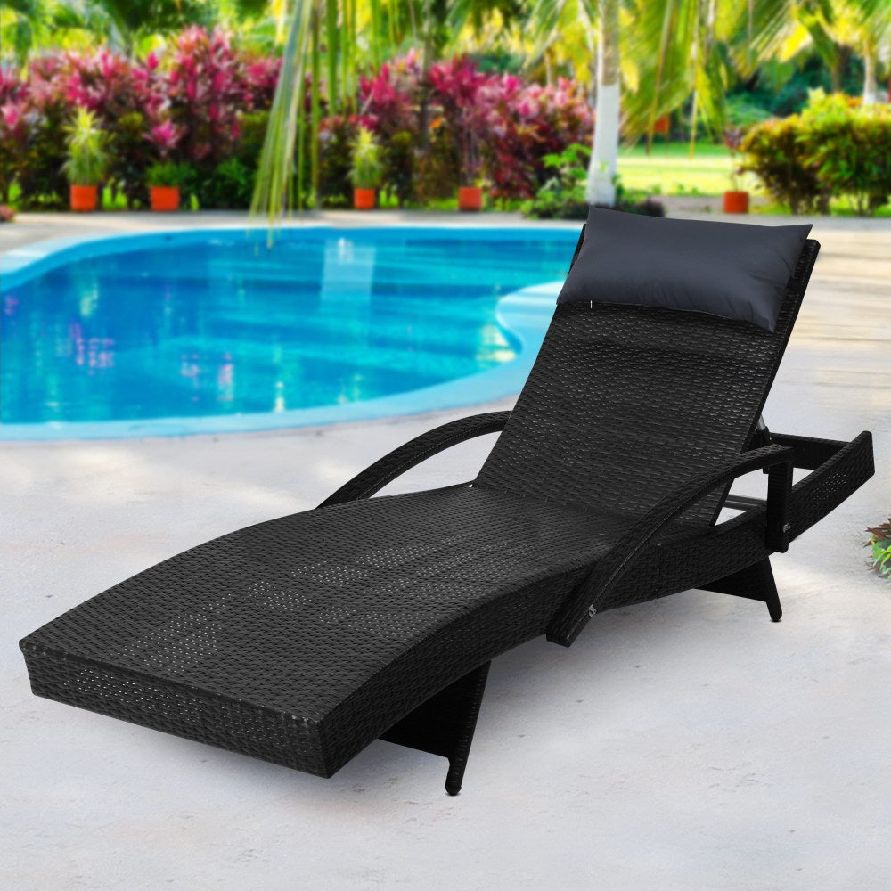Marlook Sun Lounge Wicker Lounger Outdoor Furniture Beach Chair Armrest Adjustable Black