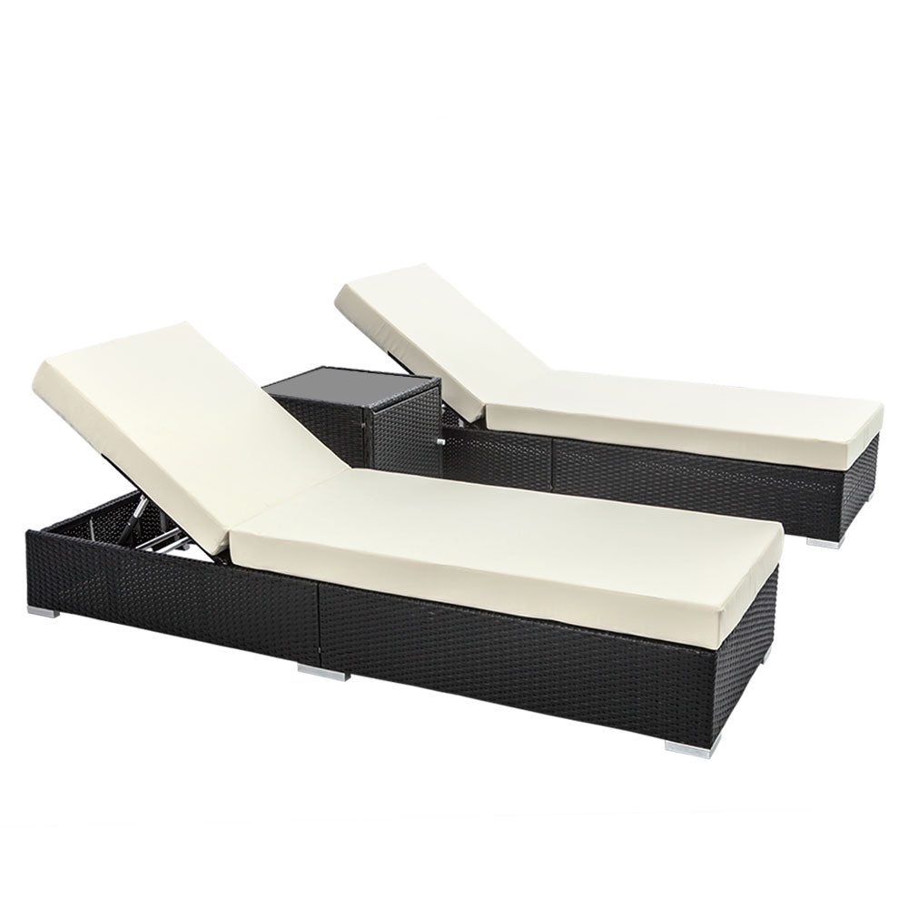 Marlook 3PC Sun Lounge Wicker Lounger Outdoor Furniture Day Bed Rattan Garden