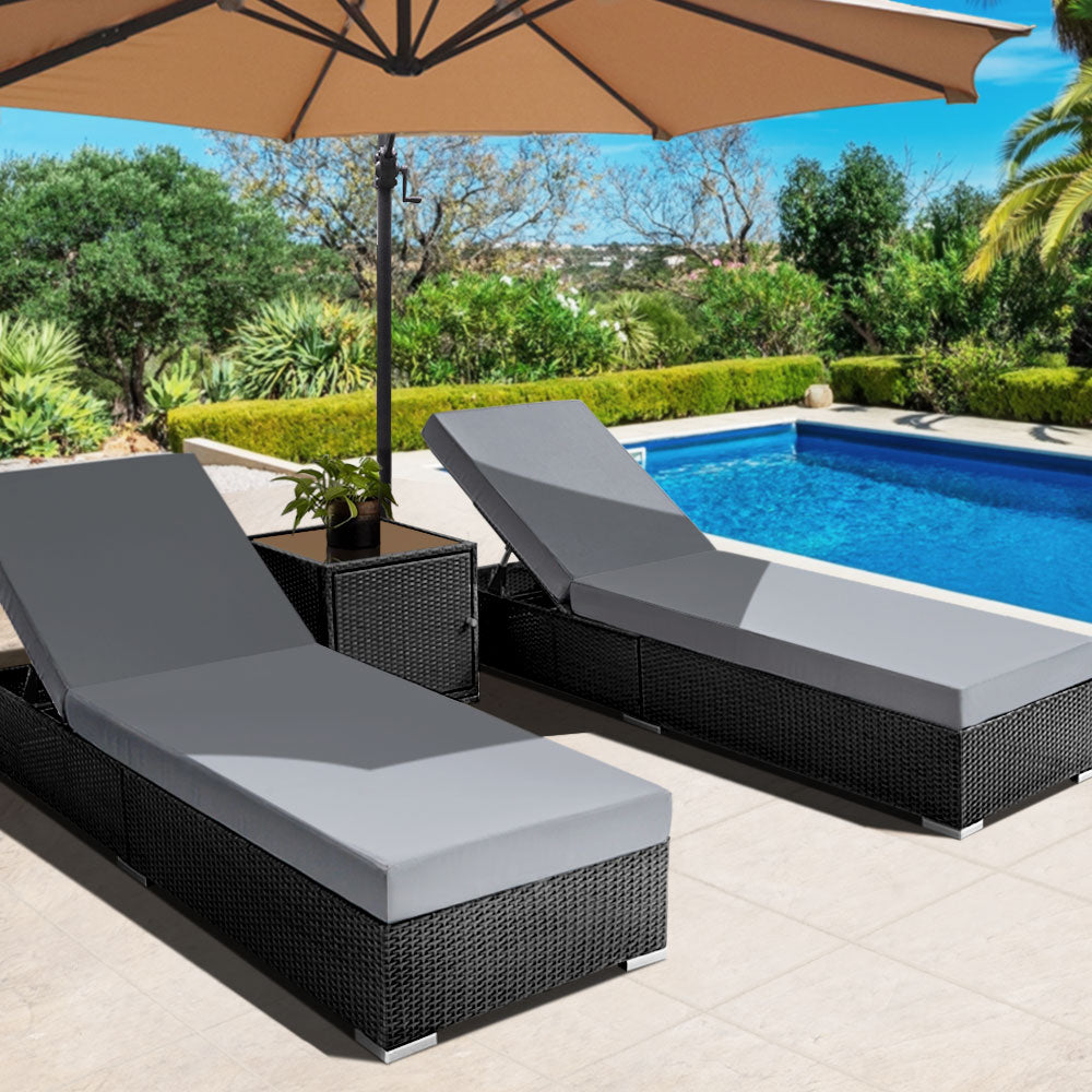 Marlook 3PC Sun Lounge Wicker Lounger Outdoor Furniture Day Bed Rattan Garden