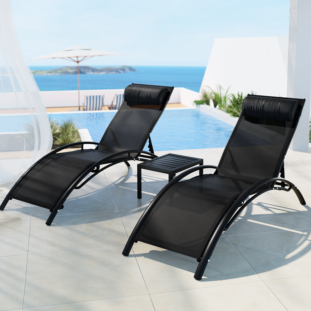 Marlook 3PC Sun Lounge Outdoor Lounger Steel Table Chairs Patio Furniture Garden