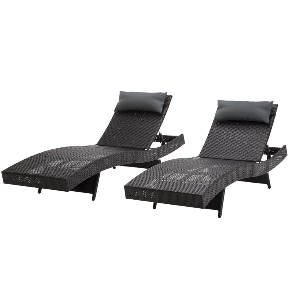 Marlook 2PC Sun Lounge Wicker Lounger Outdoor Furniture Beach Chair Garden Adjustable Black