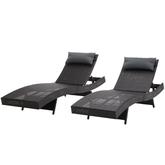 Marlook 2PC Sun Lounge Wicker Lounger Outdoor Furniture Beach Chair Garden Adjustable Black