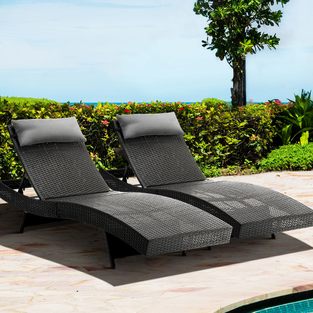 Marlook 2PC Sun Lounge Wicker Lounger Outdoor Furniture Beach Chair Garden Adjustable Black