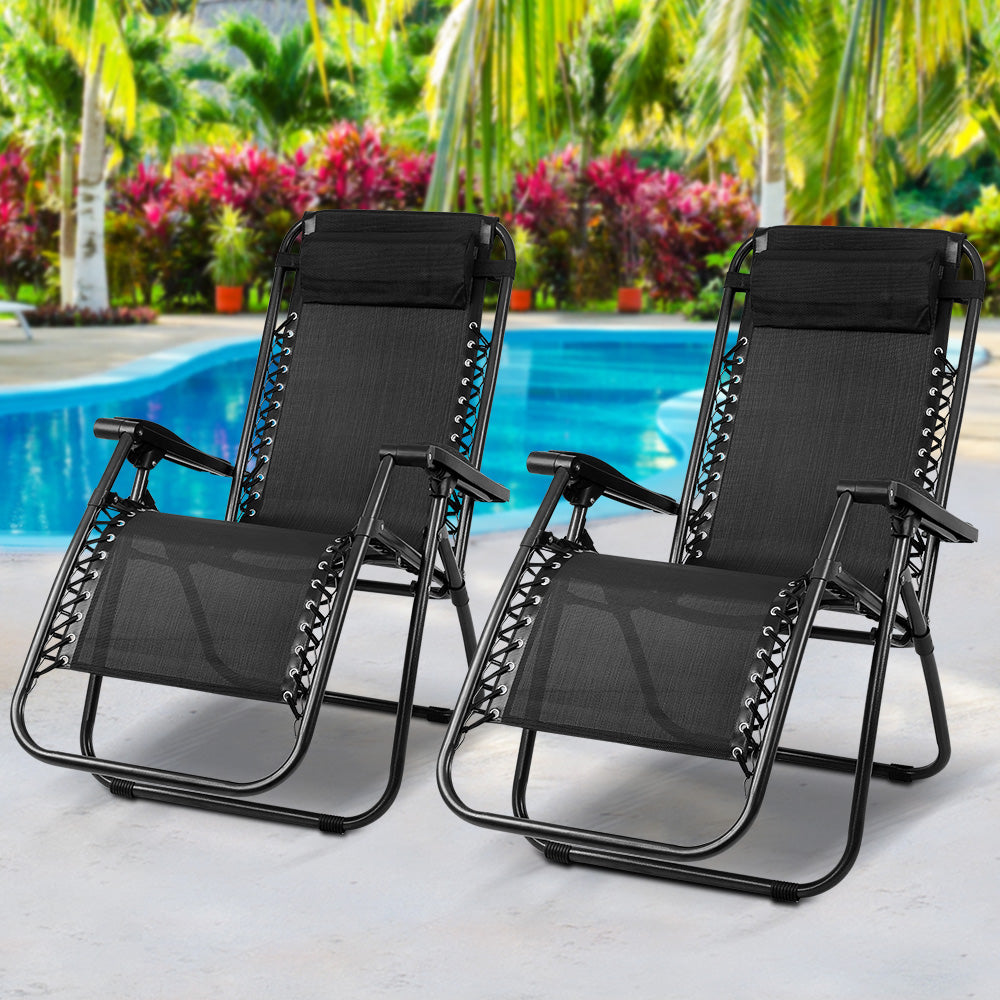 Marlook 2PC Zero Gravity Chair Folding Outdoor Recliner Adjustable Sun Lounge Camping Black