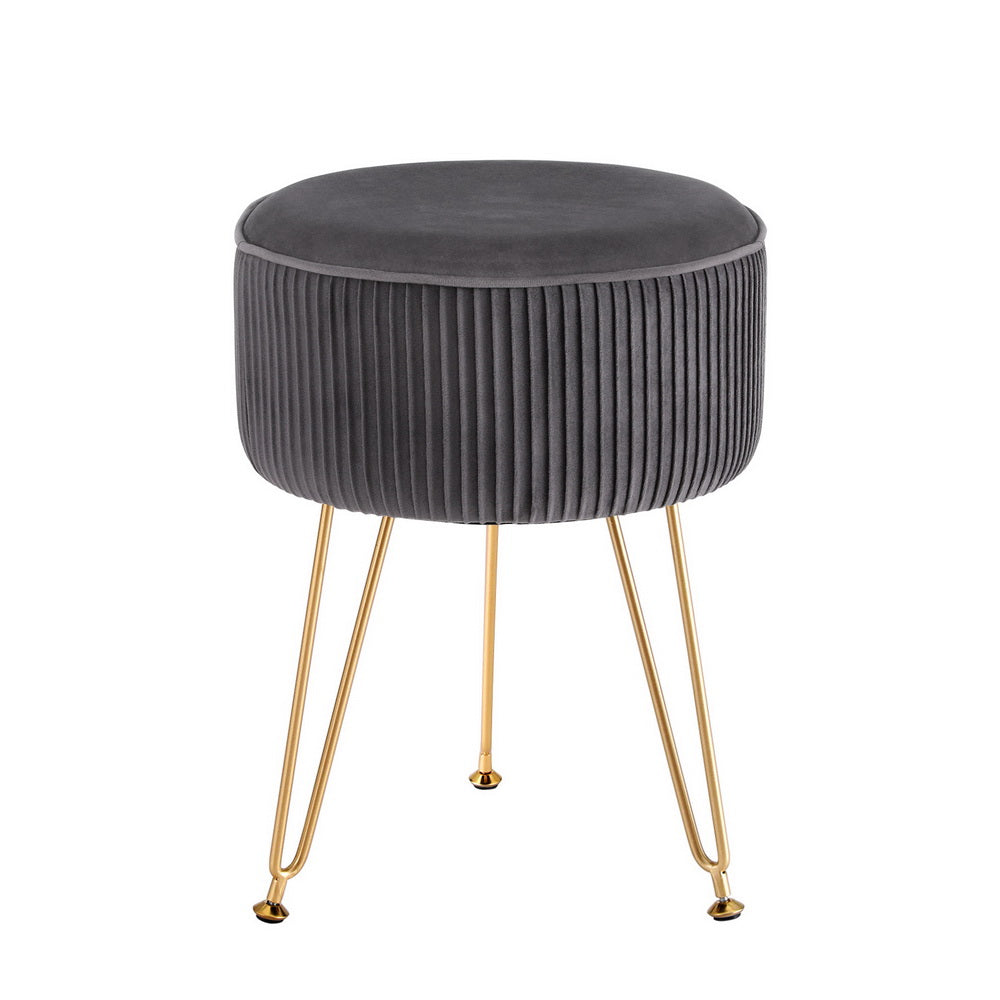 Marlook Ottoman Foot Stool Velvet Stripe Round Grey