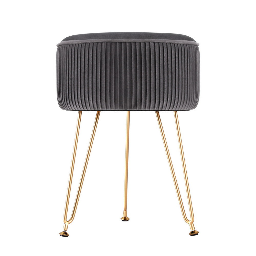 Marlook Ottoman Foot Stool Velvet Stripe Round Grey