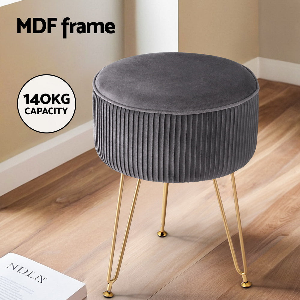 Marlook Ottoman Foot Stool Velvet Stripe Round Grey